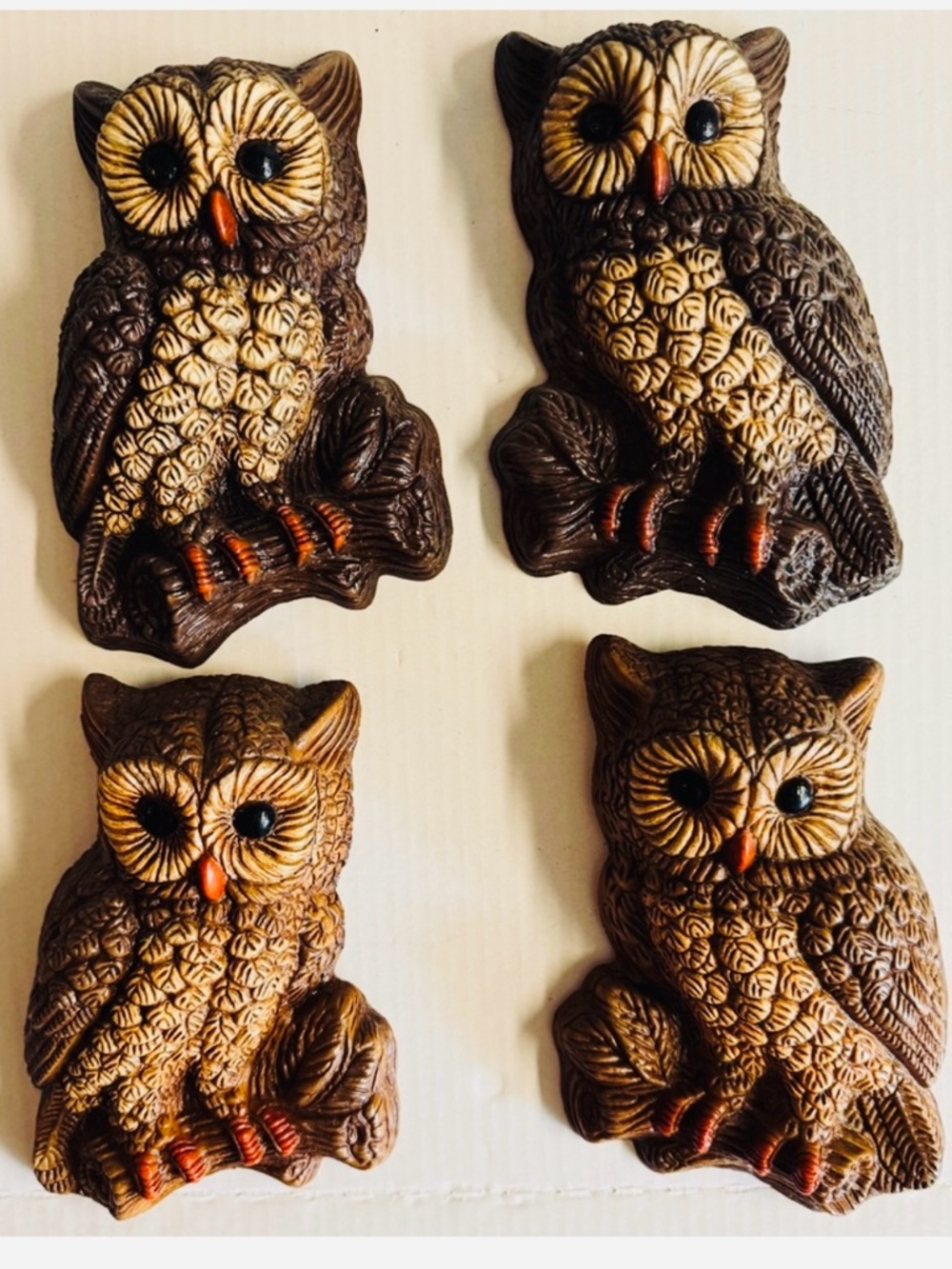 4 HOMCO Vintage 70s Adorable Rustic Brown Owl Wall Decor Set of 4